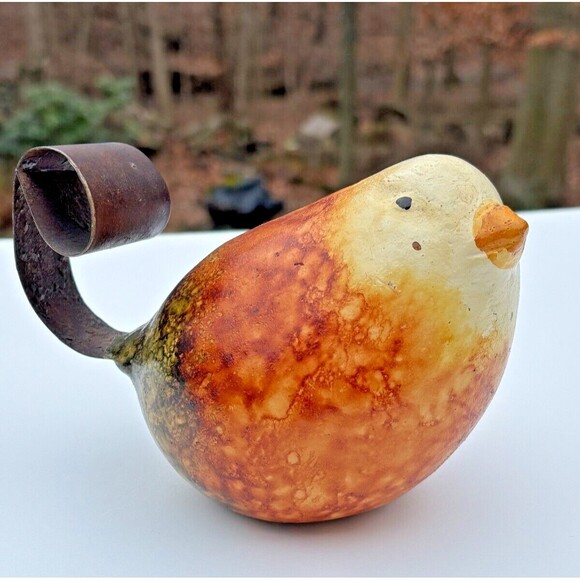 Folk Art Clay Art Pottery Bird Figure w/ Wrought Iron Tail Handcrafted Mexico - Picture 1 of 14